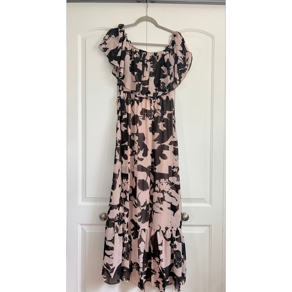 Premier Amour Maxi Dress Size 2 Pink & Black Floral off shoulder ruffle detail